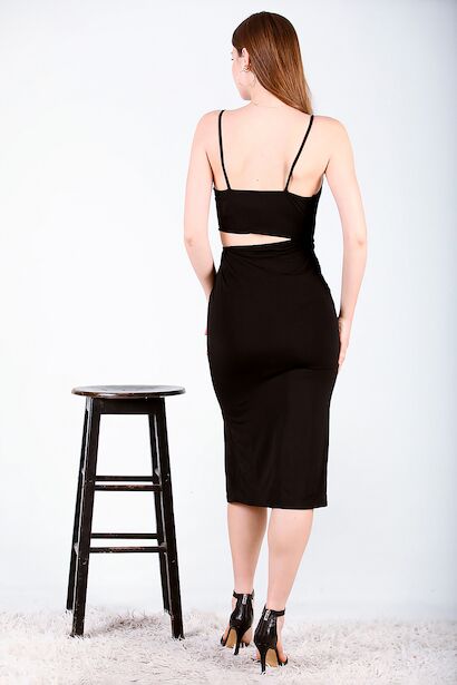 Kadın Göbek Dekolteli Midi Boy Elbise Siyah 6