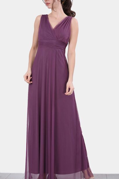 Kadın Tül Uzun Abiye Elbise  Mürdüm 6