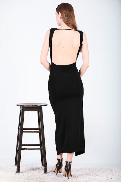Kadın Sırt Dekolteli Midi Boy Elbise  Siyah 6