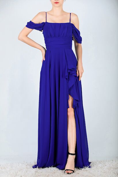 Kadın Şifon Uzun Abiye Elbise Saks 6