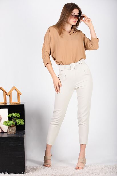 Kadın Kaplamalı Kemerli Pantolon 