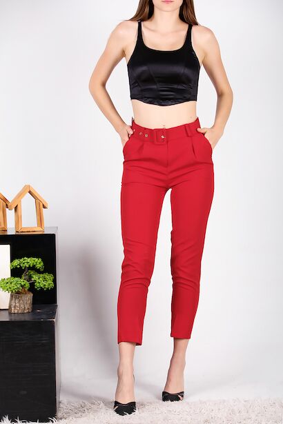 Kadın Kaplamalı Kemerli Pantolon  Kırmızı 6