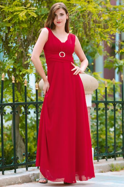 Kadın Bel Tokalı Uzun Şifon Abiye Elbise  Kırmızı 6