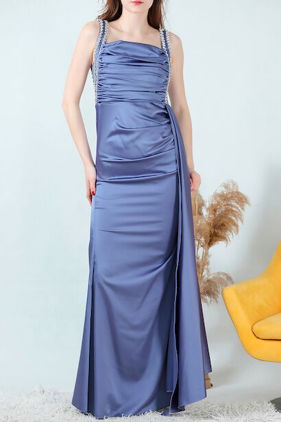 Kadın Taşlı Saten Uzun Abiye  İndigo 6