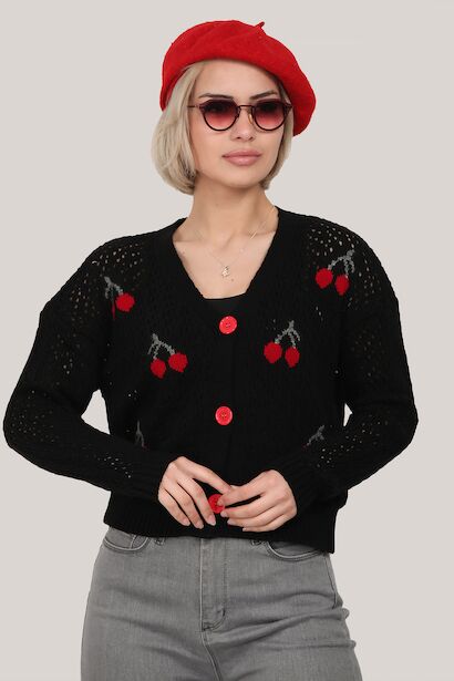Kadın V Yaka Düğmeli Kiraz Desenli Delikli Triko Hırka 