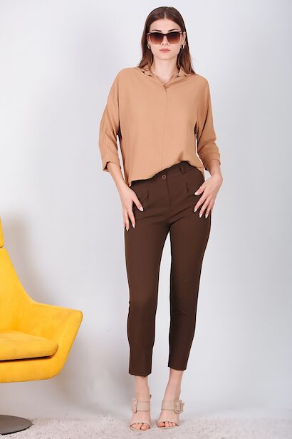 Kadın Çift Düğmeli Pantolon  Kahverengi 6