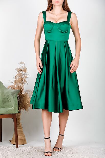 Kadın Saten İp Askılı Abiye Elbise  Yeşil 6