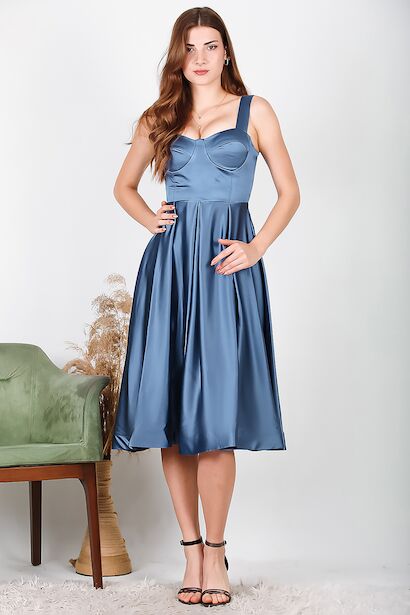 Kadın Saten İp Askılı Abiye Elbise İndigo 6