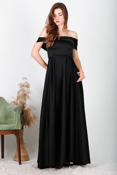 Kadın Taşlı Saten Abiye  Siyah 6