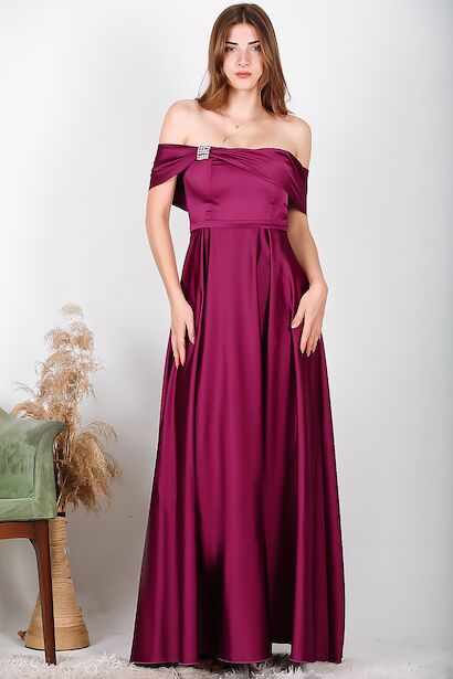 Kadın Taşlı Saten Abiye Mürdüm 6