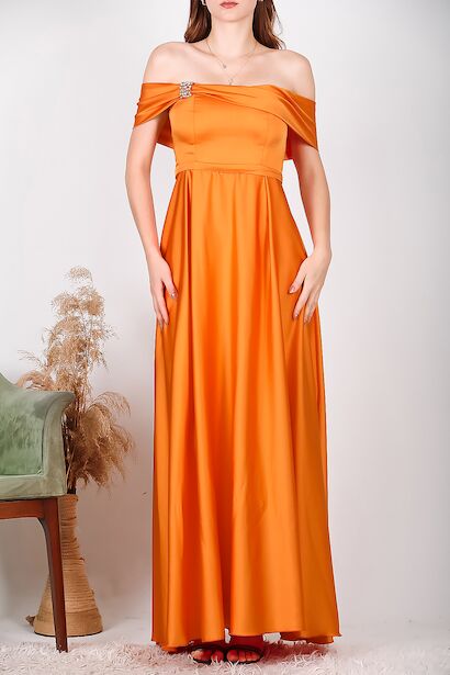 Kadın Taşlı Saten Abiye  Turuncu 6