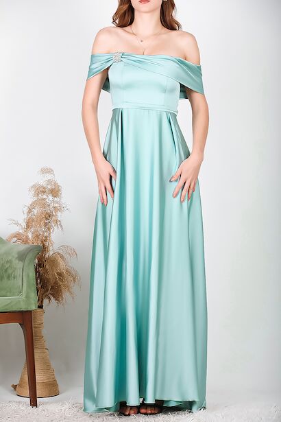 Kadın Taşlı Saten Abiye Mint 6