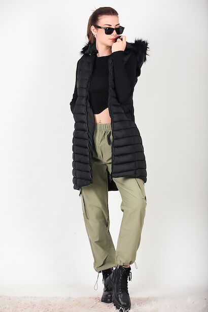 Kadın Uzun Kapşonlu Şişme Yelek 