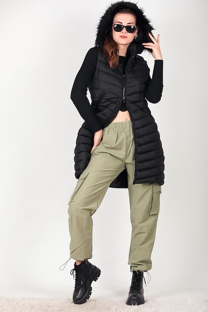 Kadın Uzun Kapşonlu Şişme Yelek  Siyah 6