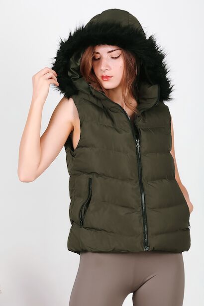 Kadın Kapşonlu Kısa Şişme Yelek  Haki 6