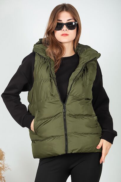 Kadın Kapşonlu Şişme Yelek  Haki 6