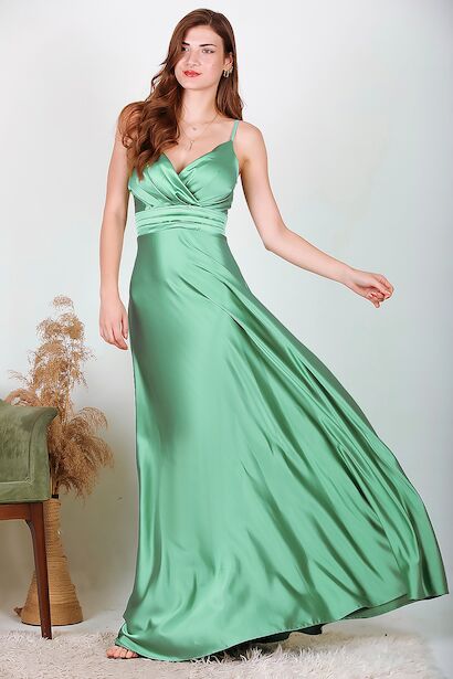 Kadın Uzun Saten Abiye Yeşil 6