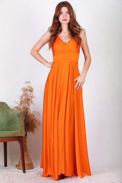 Kadın Uzun Saten Abiye  Turuncu 6