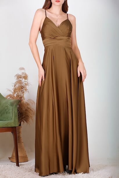 Kadın Uzun Saten Abiye Kahverengi 6