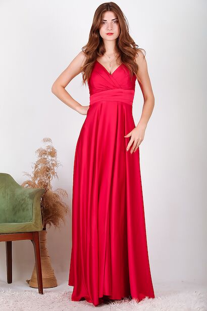 Kadın Uzun Saten Abiye Kırmızı 6