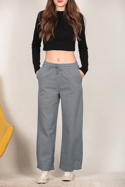 Kadın Bol Paça Püsküllü Gabardin Pantolon  Gri 6