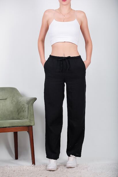 Kadın Bol Paça Keten Pantolon  Siyah 6
