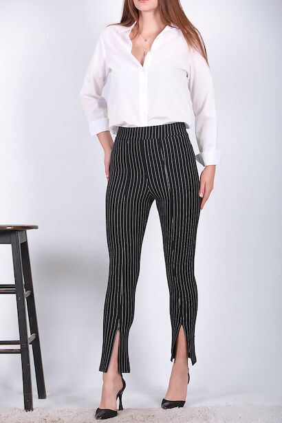 Kadın Çizgili Krep Tayt  Siyah 6