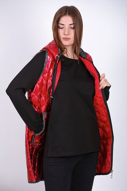 Kadın Parlak Uzun Yelek  Kırmızı 4