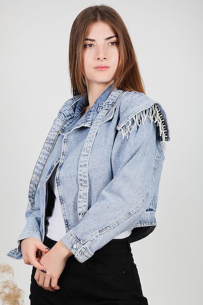 Kadın Omuz Taşlı Kot Ceket 