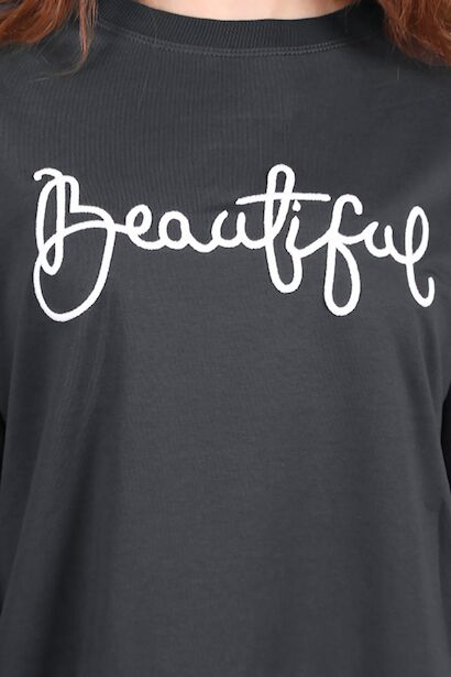 Kadın İki İplik Nakış Garnili Tunik  Füme 6