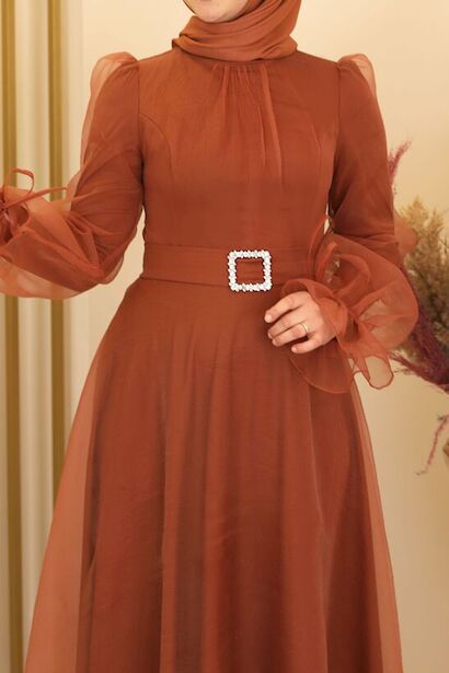 Kadın Uzun Tül Abiye  Kiremit 2