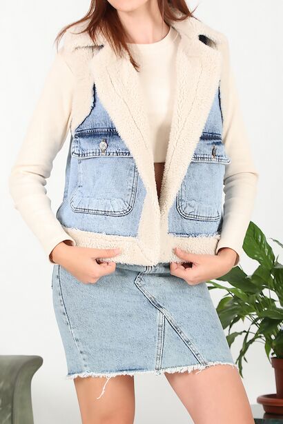 Kadın İçi Kürklü Kot Yelek 