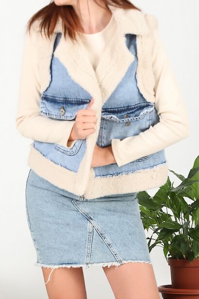 Kadın İçi Kürklü Kot Yelek  Kot 6