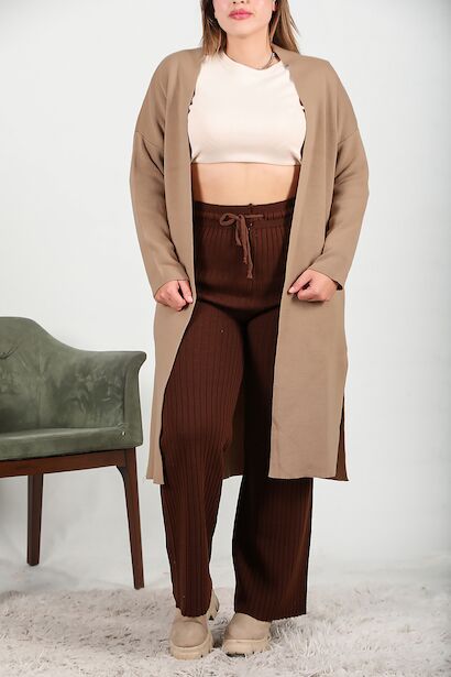 Büyük Beden Uzun Triko Yandan Yırtmaçlı Hırka  Bej 6