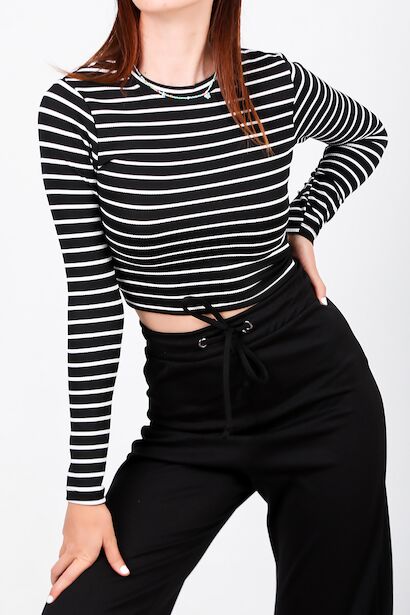Kadın Sıfır Yaka Kaşkorse Çizgili Bluz 
