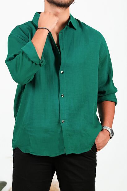 Erkek Uzun Kol Keten Gömlek  Yeşil 6
