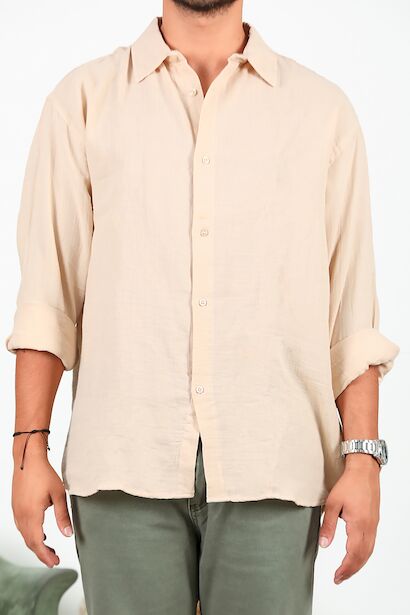 Erkek Uzun Kol Keten Gömlek  Krem 6