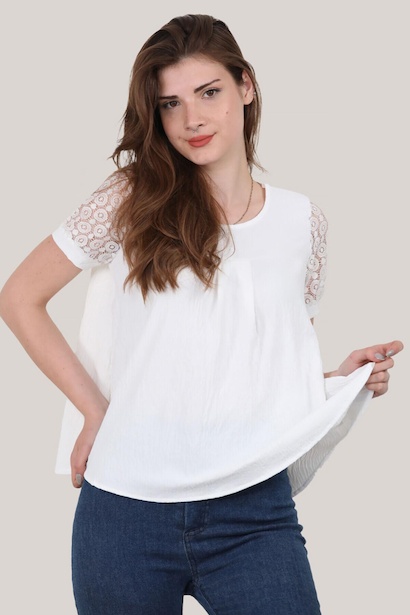 Kadın Kısa Kol Dantelli Bluz