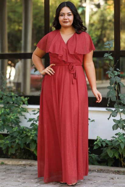Büyük Beden Kruvaze Yaka Uzun Abiye Kırmızı