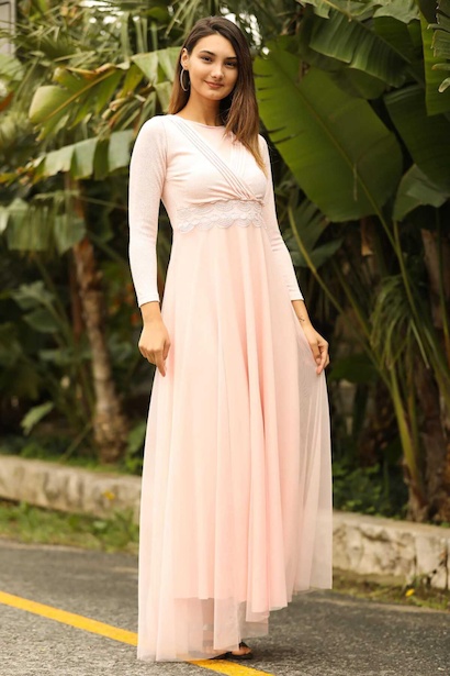 Tüllü Simli Kadın Uzun Abiye