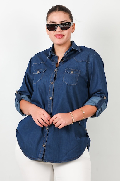 Büyük Beden Kol Katlamalı Kot Gömlek Lacivert