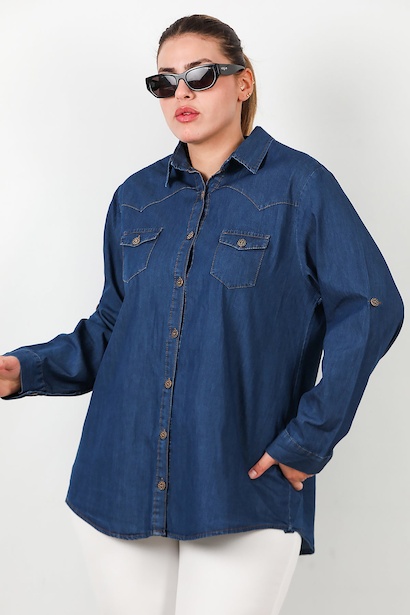 Büyük Beden Kol Katlamalı Kot Gömlek Lacivert Lacivert 6