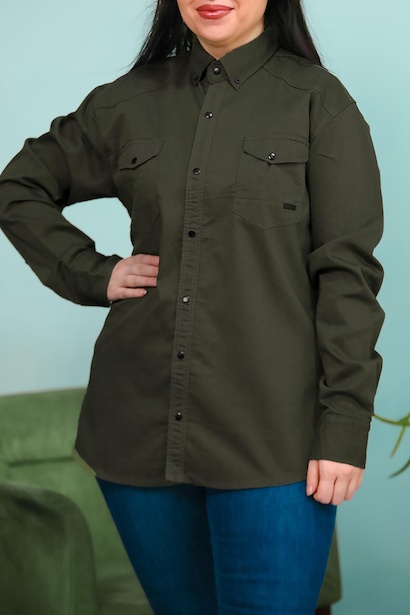 Büyük Beden Çıt Çıt Düğmeli Önden Cepli Gömlek Haki