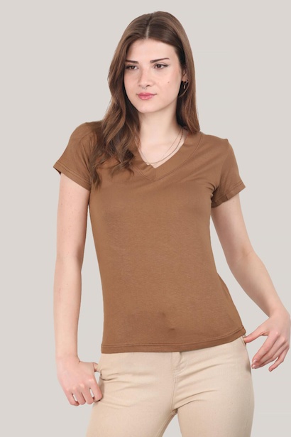 Kadın V Yaka T-shirt Vizon