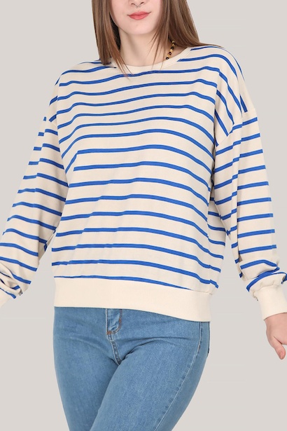 Kadın Bisiklet Yaka Yatay Çizgili Kolları Lastikli Sweat