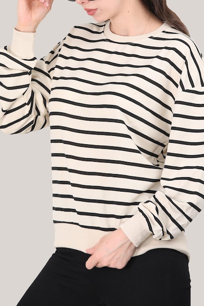 Kadın Bisiklet Yaka Yatay Çizgili Kolları Lastikli Sweat Siyah