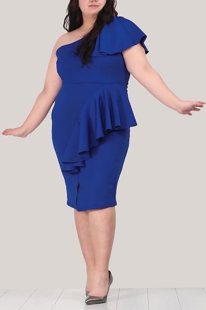 Büyük Beden Midi Boy Tek Omuz Fırfır Detaylı Abiye Elbise