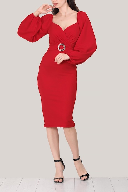 Kadın Kruvaze Yaka Balon Kollu Kemer Detaylı Kısa Elbise