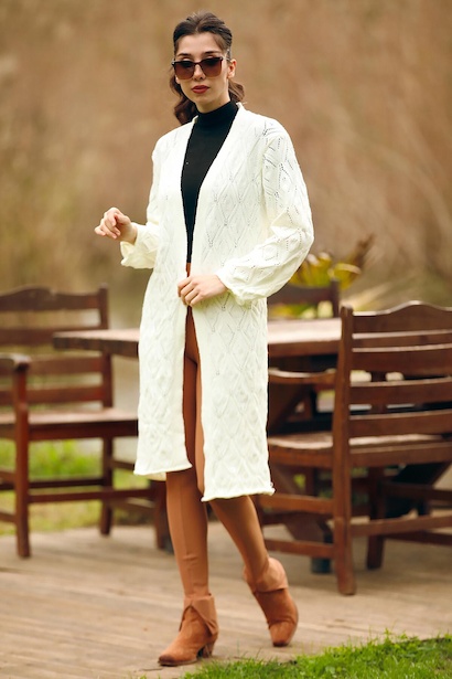 Kadın Delikli Uzun Hırka Ekru 6