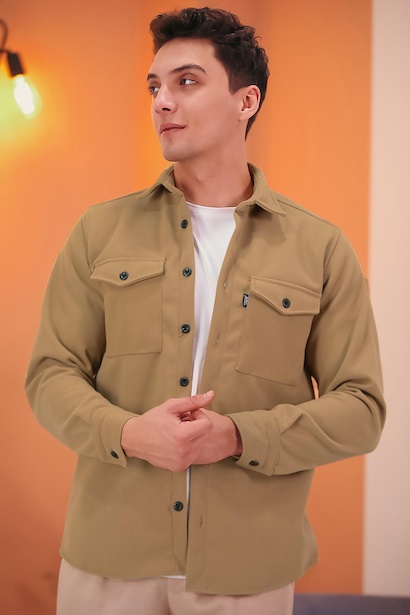 Erkek İki Cepli Düğmeli Kaşe Gömlek